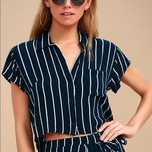 Billabong Tropical Crush Navy Blue Striped Button-Up Crop Top